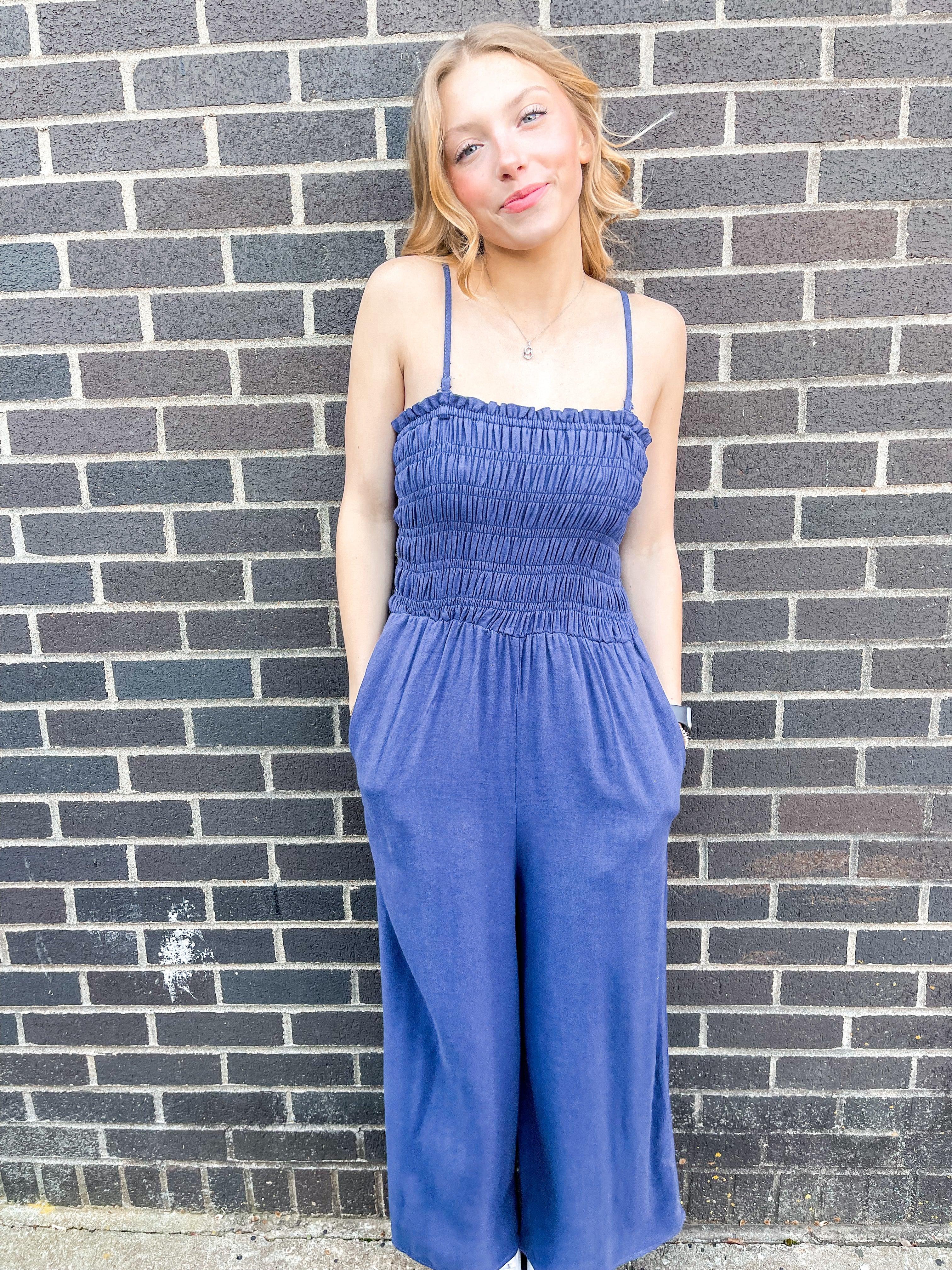 Navy Smocked Jumpsuit - Fox Trot Boutique